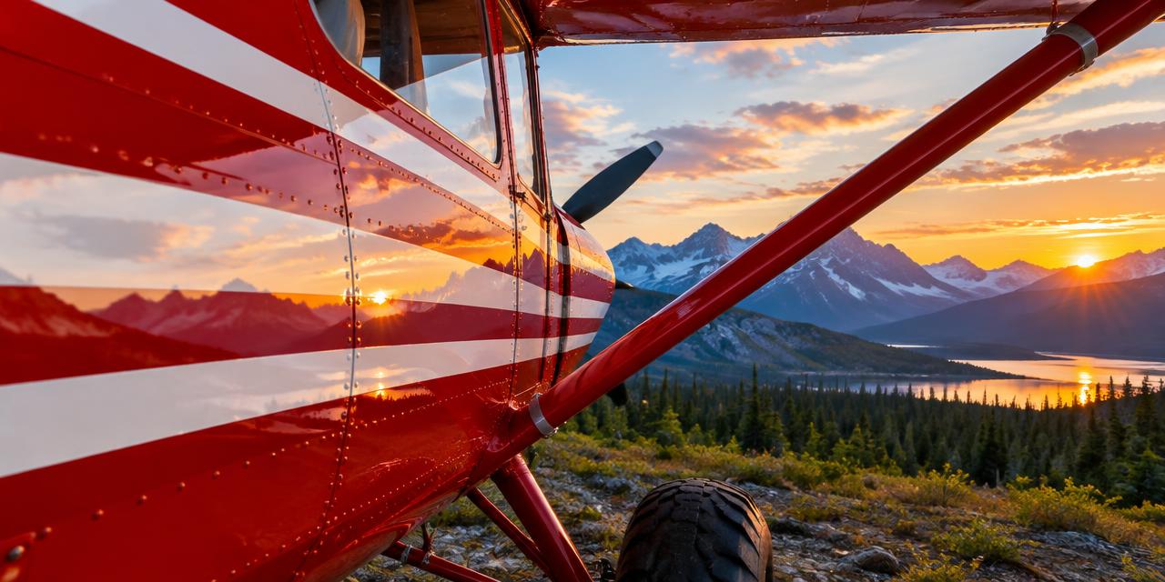 Glossy red and white bush plane fuselage at sunset