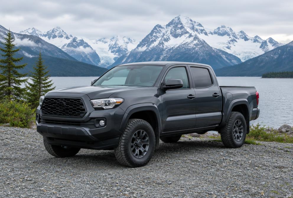 Dark pickup truck by an Alaska lake