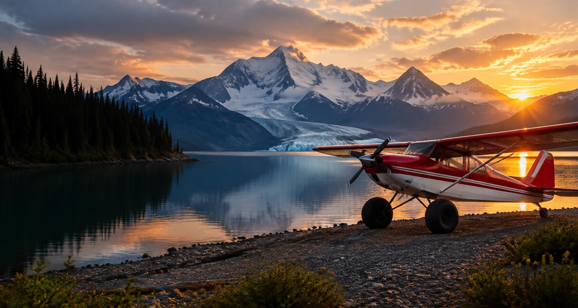 Red and white bush plane on a lakeshore beneath Alaska mountains at sunset