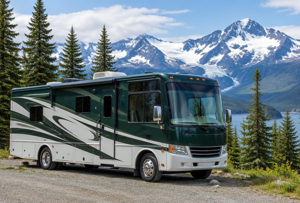 Motorhome parked among pines with mountains behind